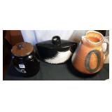 12 inch jug, black with white feather vase, "Think