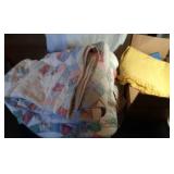 sheet set, 2 quilts, rags, blankets, tablecloth