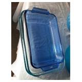 blue Anchor ovenware and 2 Pyrex clear dishes
