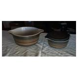 Pyrex - black and copper striped 2 bowls, 1 lid