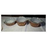 Pyrex - brown with gold, 3 bowls and 3 lids