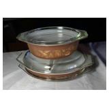 Pryex - brown and gold - 2 oval bowls and 3 lids