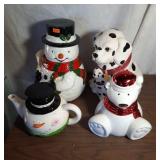3 cookie jars and snowman teapot