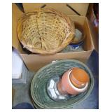 2 baskets, blue clay pot, and peat moss