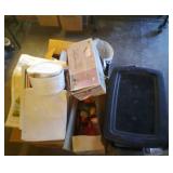 4 boxes and tote of misc - decor flags, tulle, pin