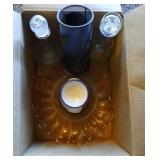 2 decanters with stoppers, candle holder & warmer