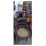 3 chairs - wicker seat, black upholstered and wood