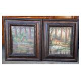 2 framed deer paintings - frames are 11 inch by 14
