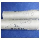 two 1964 D UNC roll of Jefferson Nickel coins -OBW