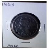 1853 large cent - holed