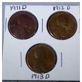 lot of 3 Lincoln pennies - 1911 D, 