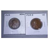 lot of 2 Lincoln pennies - 1919 and 1919 S