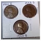 lot of 3 Lincoln pennies - 1921 S, 