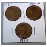 lot of 3 Lincoln pennies - 1932, 