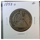1858 O Seated Liberty half - good