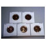 lot of 5 1961 Proof cents