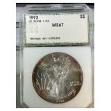 1992 PCI MS67 American Silver Eagle toned