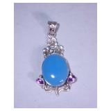 sterling silver 2 inch pendant, large blue stone