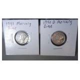 lot of 2 Mercury dimes - 1941 and 1940 D