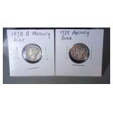 lot of 2 Mercury dimes - 1938 D and 1939