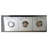 lot of 3 Mercury dimes - 1944 PDS