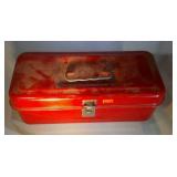 vintage tackle box with fishing items