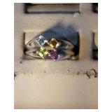 sterling silver ring. multi colored stones, size 7