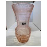 pink depression vase - etched deer, elk, dogs 10"