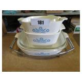 4 corning casserole dishes, 1 lid, serving tray