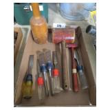 chisels, wooden mallet, wooden masher
