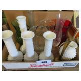 milk glass bud vases & others