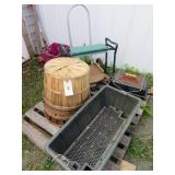 pallet-earthbox,garden bench,4 applebaskets,grill