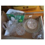 clear glass pitcher, bowls, salts etc