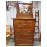 OAK BONNET CHEST W/ MIRROR 5 DRAWERS 1 DOOR ORIG.