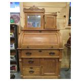 OAK CYLINDER DESK W/ MIRROR (HAS A CRACK)