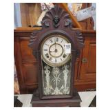 VIC. WALNUT INGRAHAM MANTEL CLOCK W/ KEY