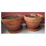 2 LARGE CLAY FLOWER POTS W/TRAYS