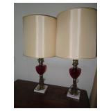PR BRASS/CRANBERRY TABLE LAMPS WITH MARBLE BASES