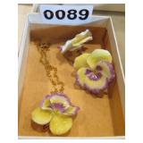 PURPLE/YELLOW GLASS FLOWER EARRING/NECKLACE