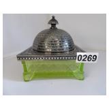 URANIUM GLASS DISH W/QUADRUPLE PLATE LID