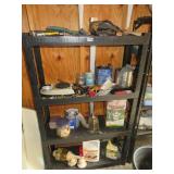 4 tier plastic shelf & contents