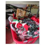 red tote of christmas items, box of christmas bags