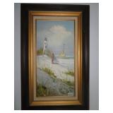 Oil on canvas of light house. Signed