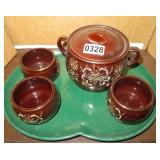 vintage japanese redware bean pot, 3 bowls