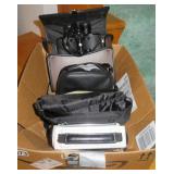 3 pr binoculars, 1 weather radio