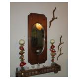 pine mirror,shelf,mini glass figures,brass birds