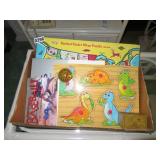 box of childrens puzzles, books, toy etc