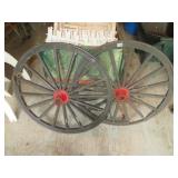 2 wooden wagon wheels