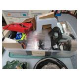 tote of office supplies, etc