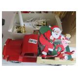 metal christmas truck, wooden santa, elves